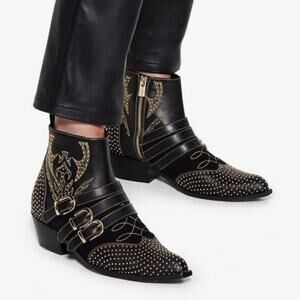 Anine Bing Penny Gold‎ Studded Ankle Booties EU 40 Womens Boots Western Buckle